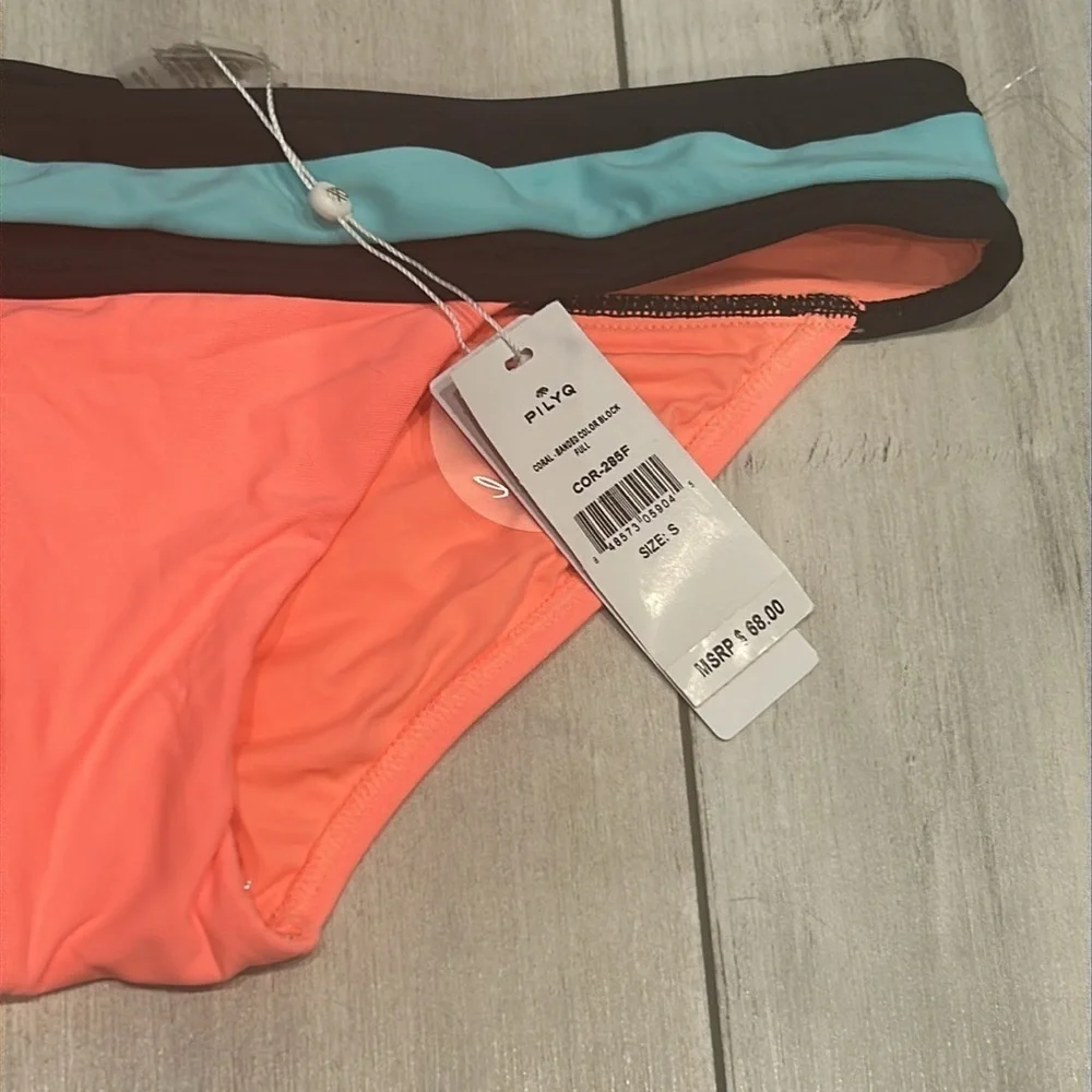 PILYQ Coral banded color block full back size small bikini swim bottoms